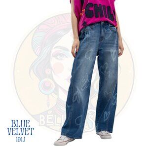 191J BLUE VELVET Heart Print Dark Denim Mid Rise Loose Fit Jeans